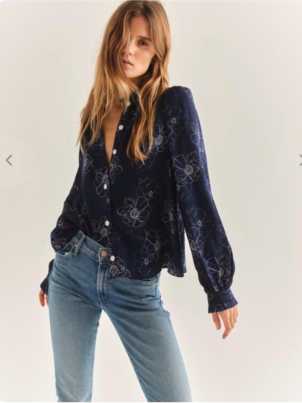 Navy Floral-Outline Button-Front Blouse
